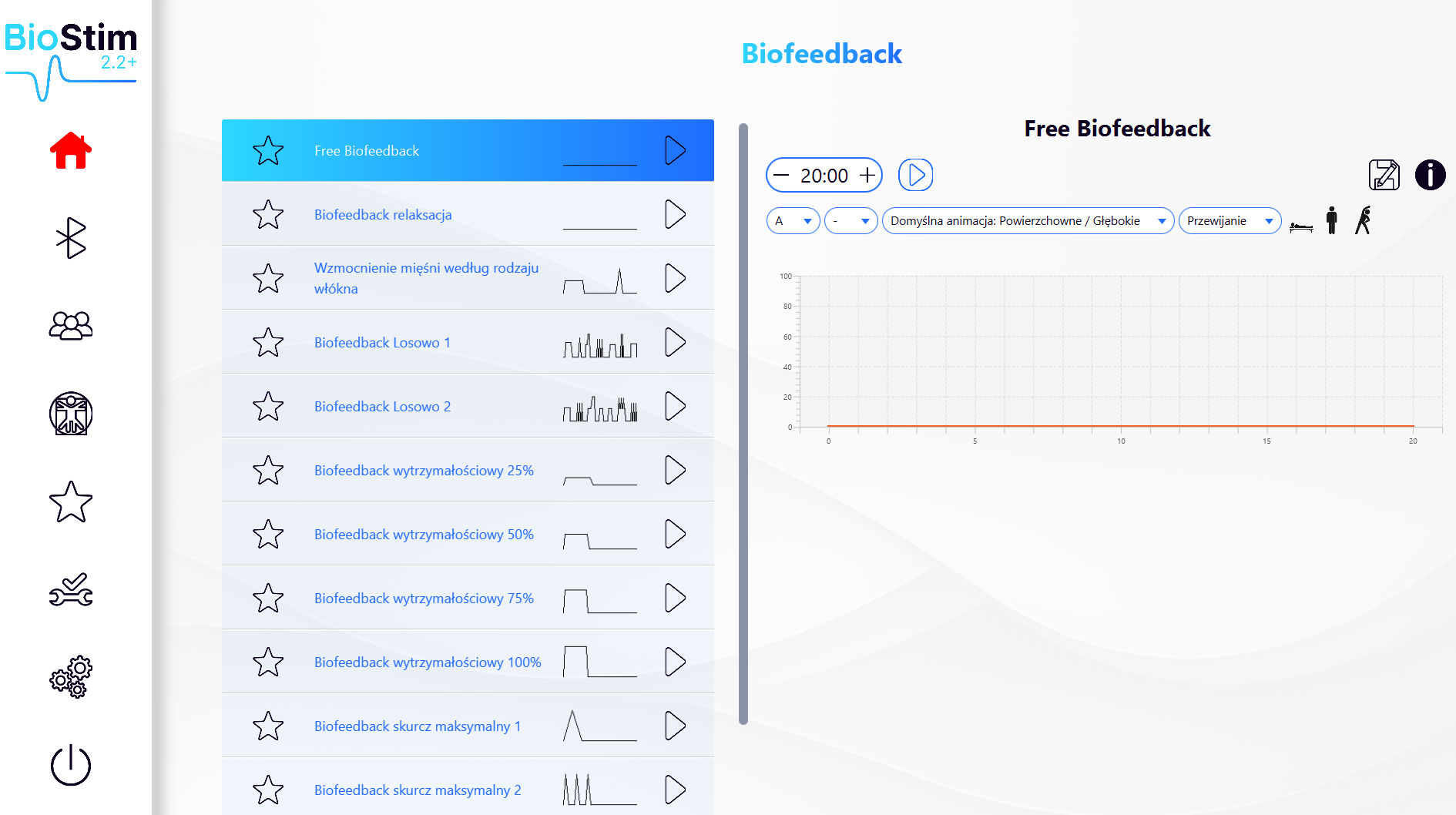 Ekran programu BioStim: Biofeedback EMG i ciśnieniowy