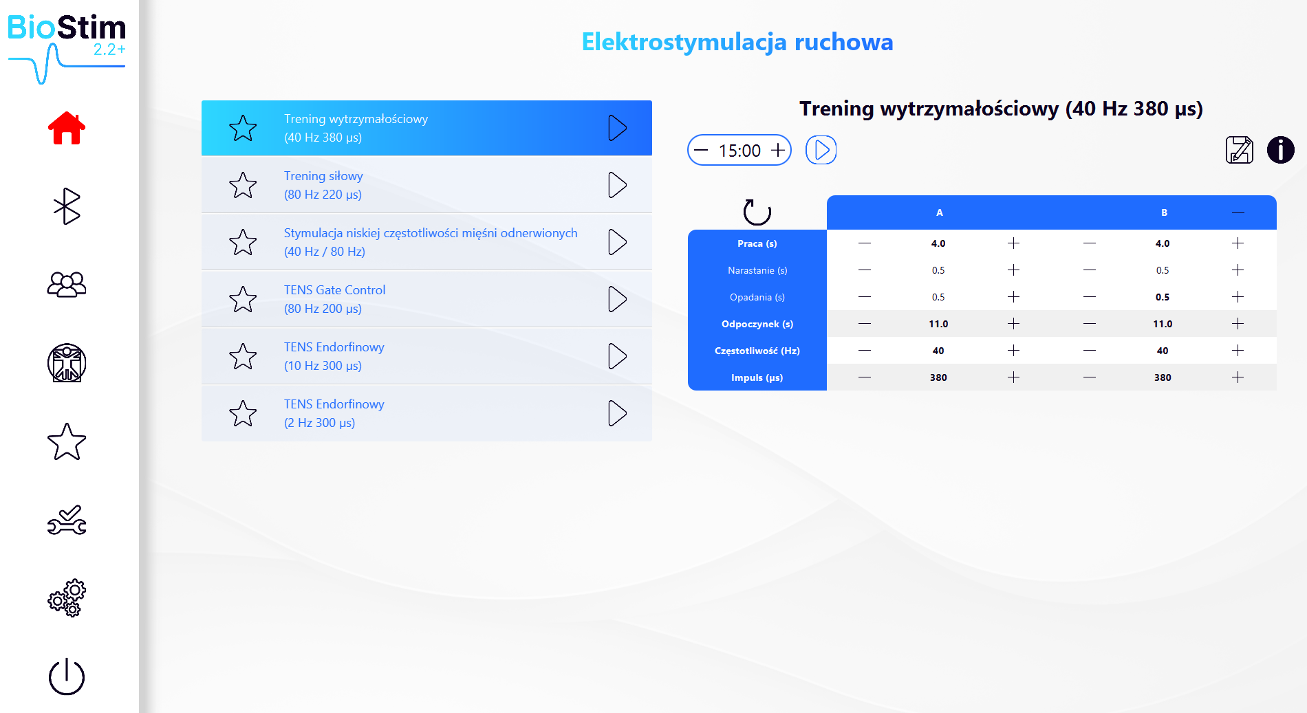 Ekran programu BioStim: Elektrostymulacja ruchowa