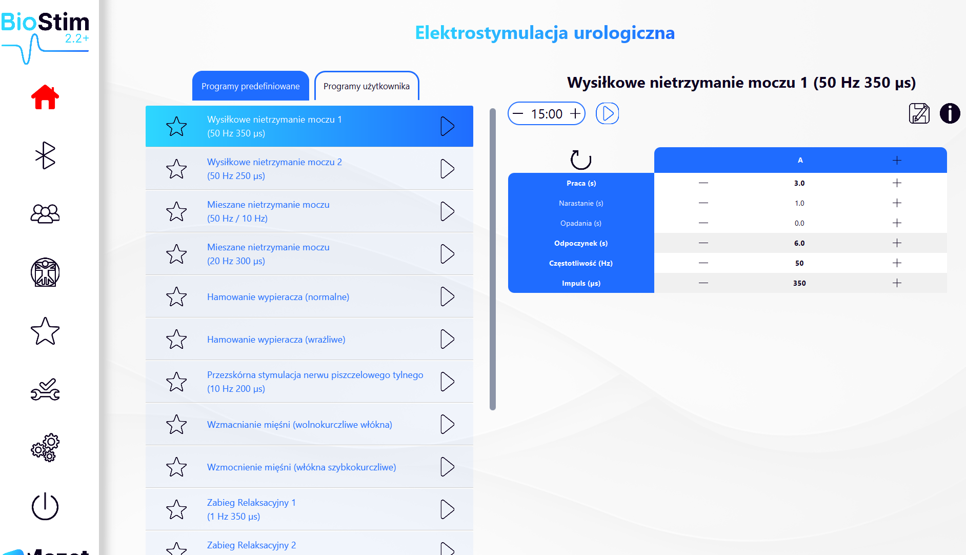 Ekran programu BioStim: Elektrostymulacja urologiczna