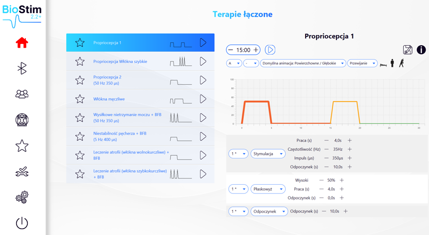 Ekran programu BioStim: moduł Terapie łączone