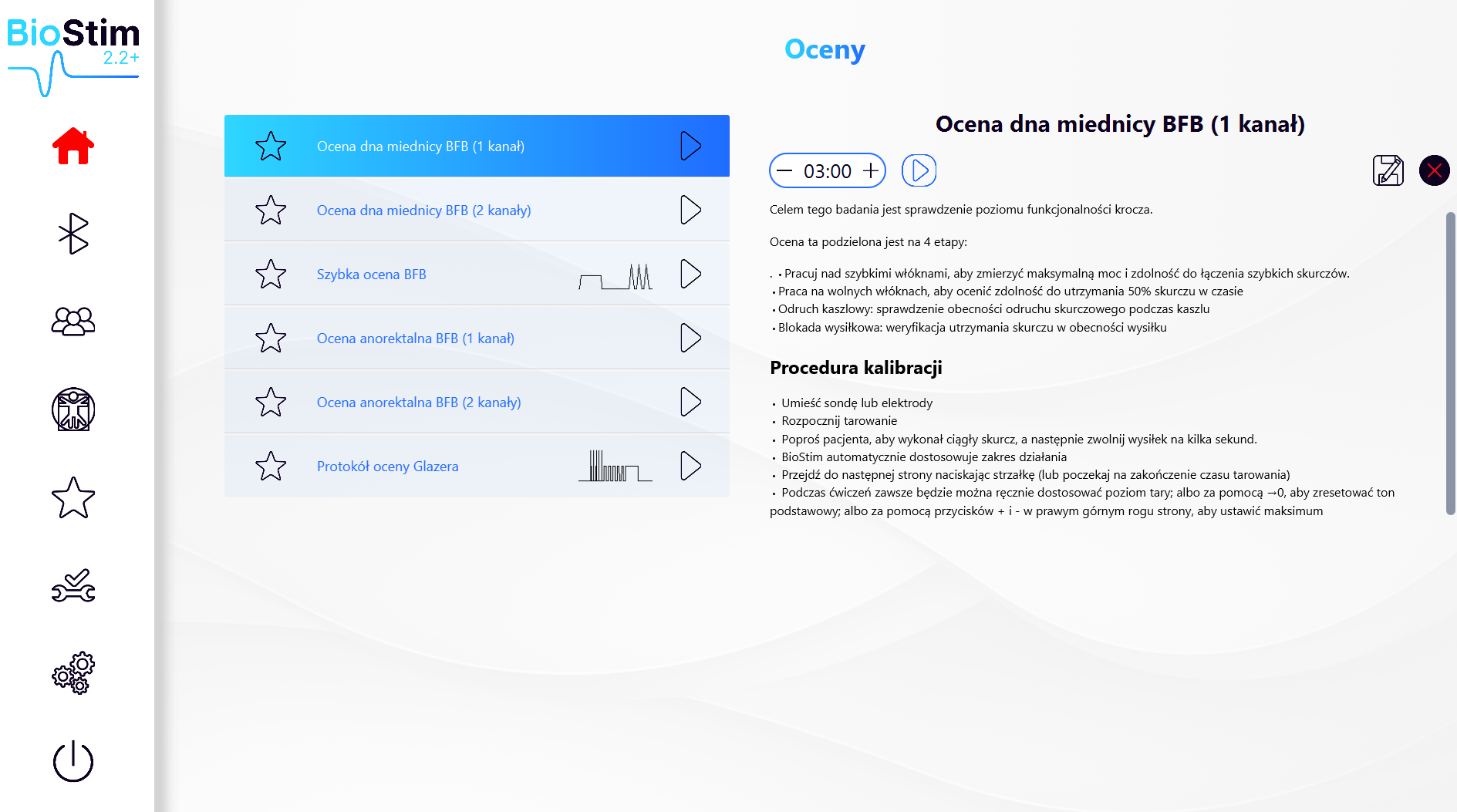Ekran programu BioStim: Oceny