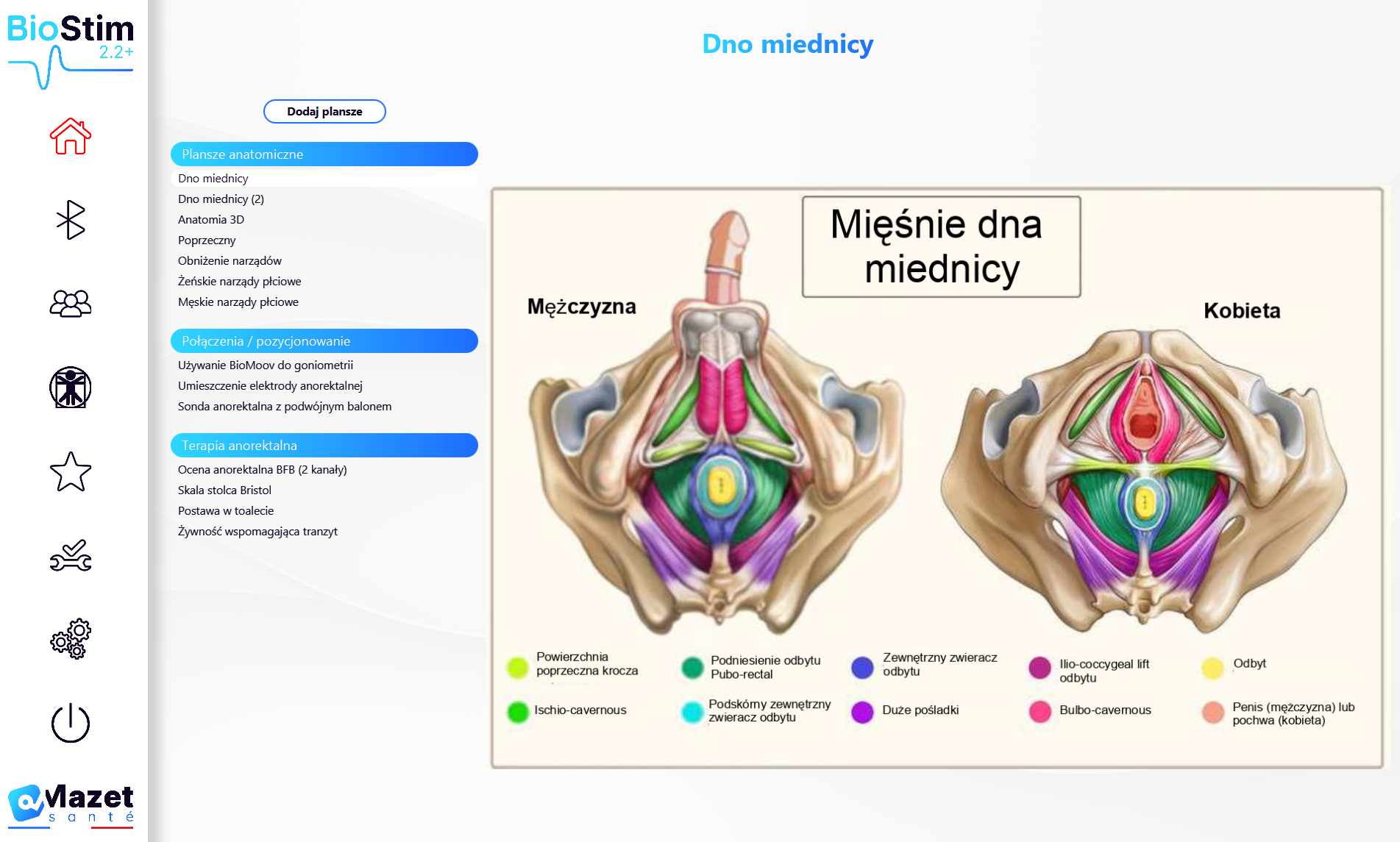 Ekran programu BioStim: Plansze anatomiczne i edukacja pacjenta