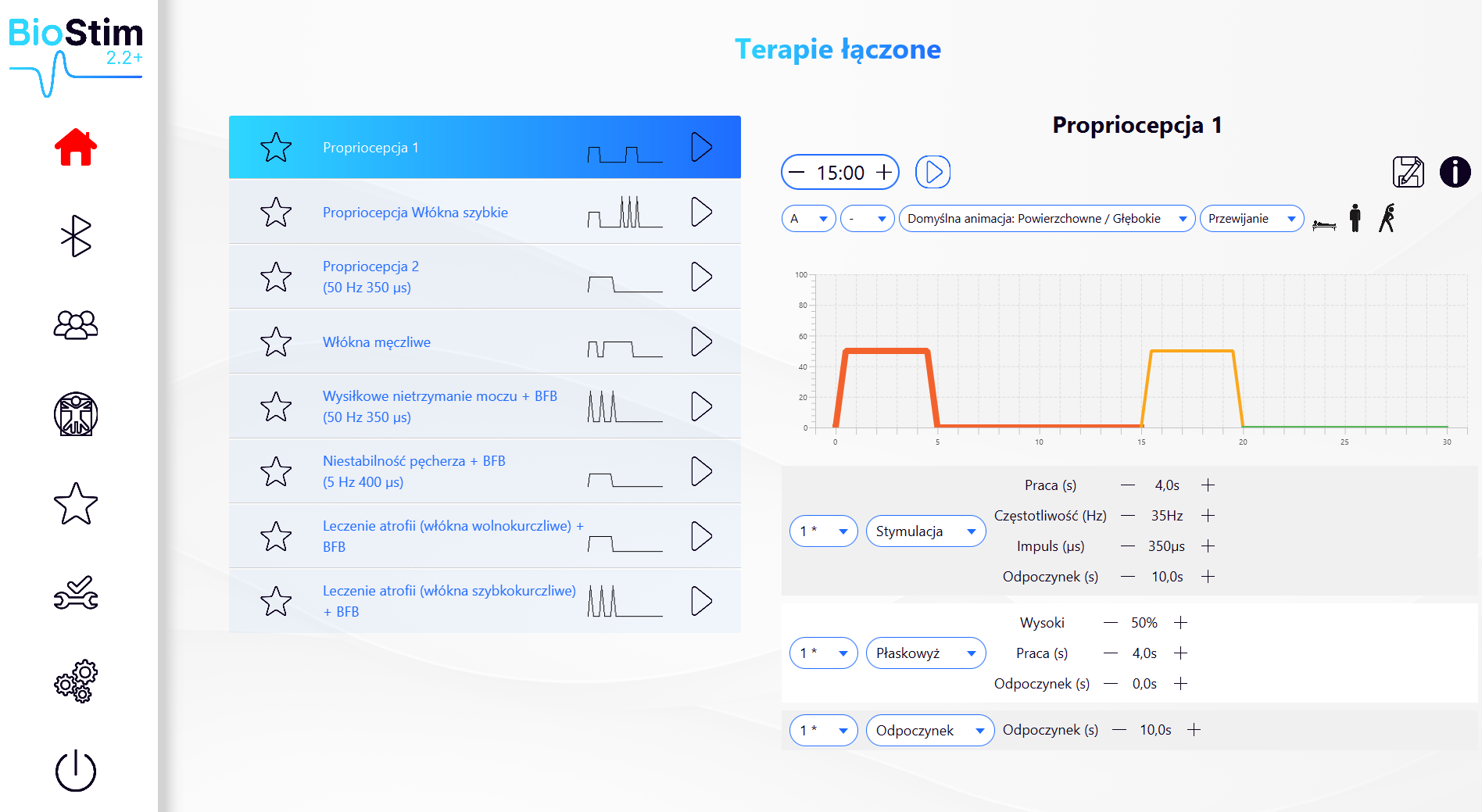 Ekran programu BioStim: Terapie łączone